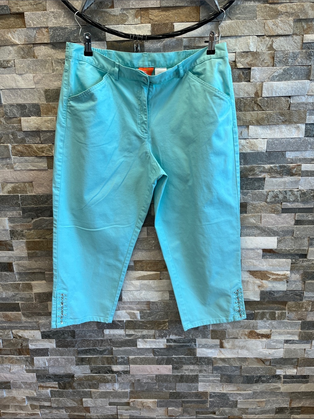 hearts of palm Aqua Blue Cropped Jeans with Embellished Hem